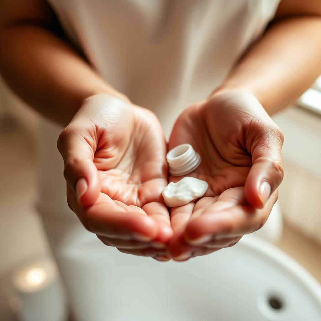 Two hands cupped together holding a small dollop of white moisturizer.