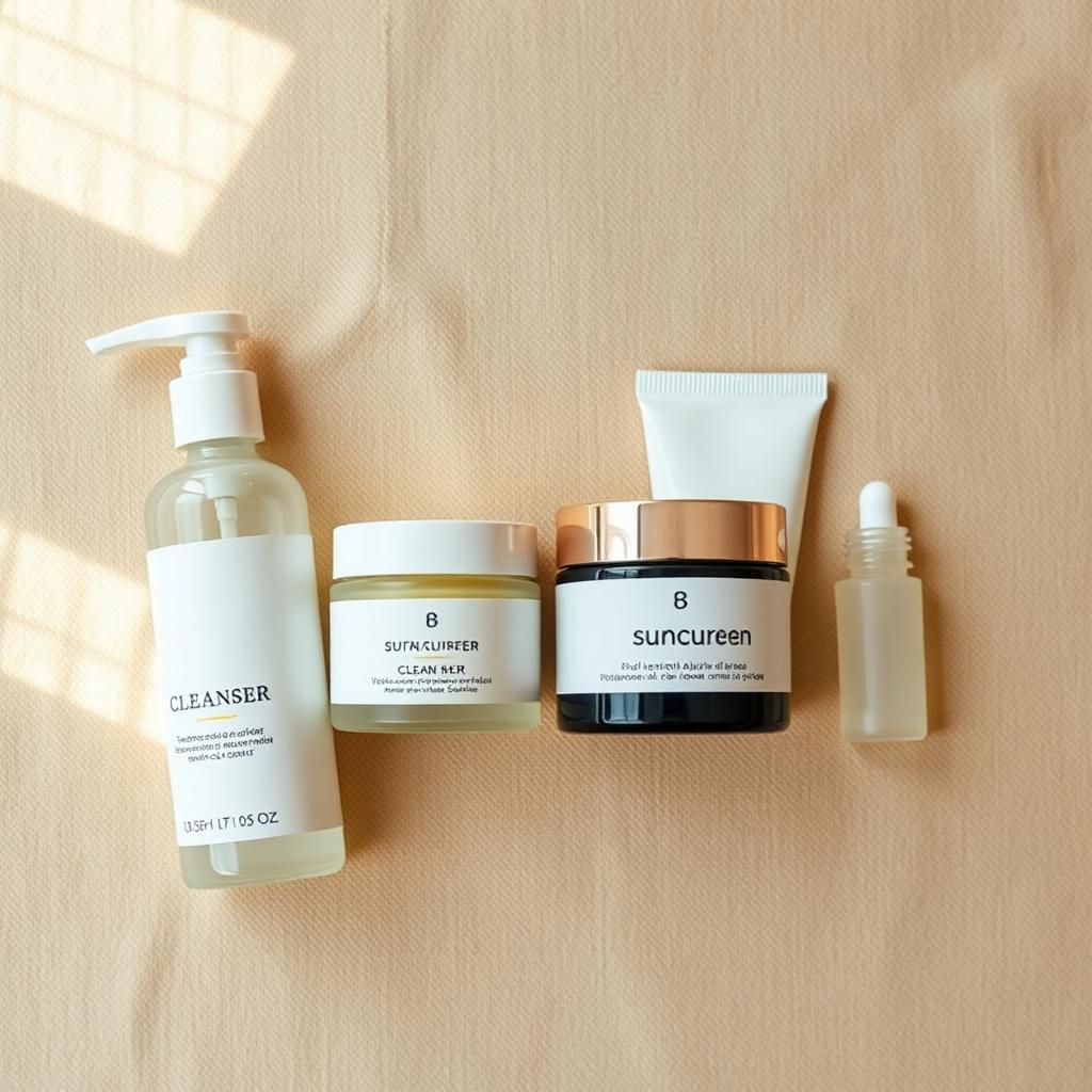 Four skincare products lined up in a row on a linen surface: cleanser, moisturizer, sunscreen, and one small dropper.