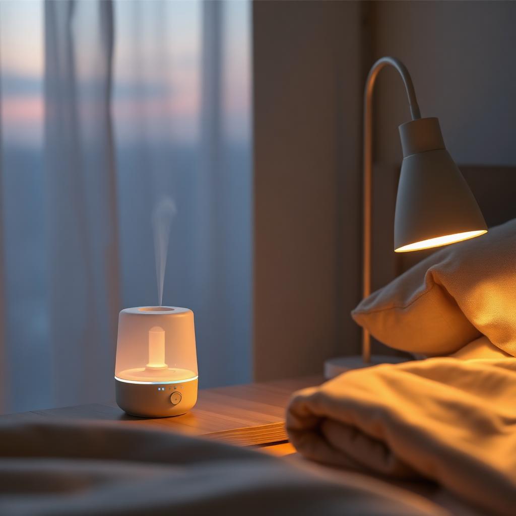 A small white humidifier on a nightstand at dusk, emitting a soft plume of mist.