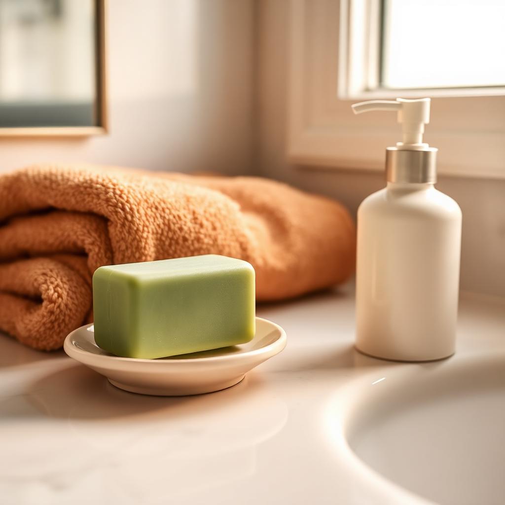 A green bar of soap on a ceramic dish next to a white face cleanser pump bottle on a bathroom counter.