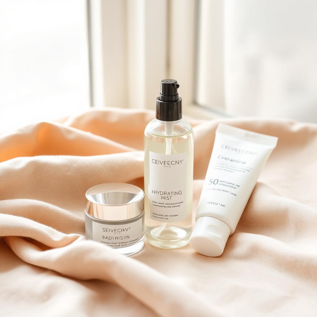 Hydrating mist, ceramide moisturizer, and sunscreen on a warm linen surface with a frosted window behind.