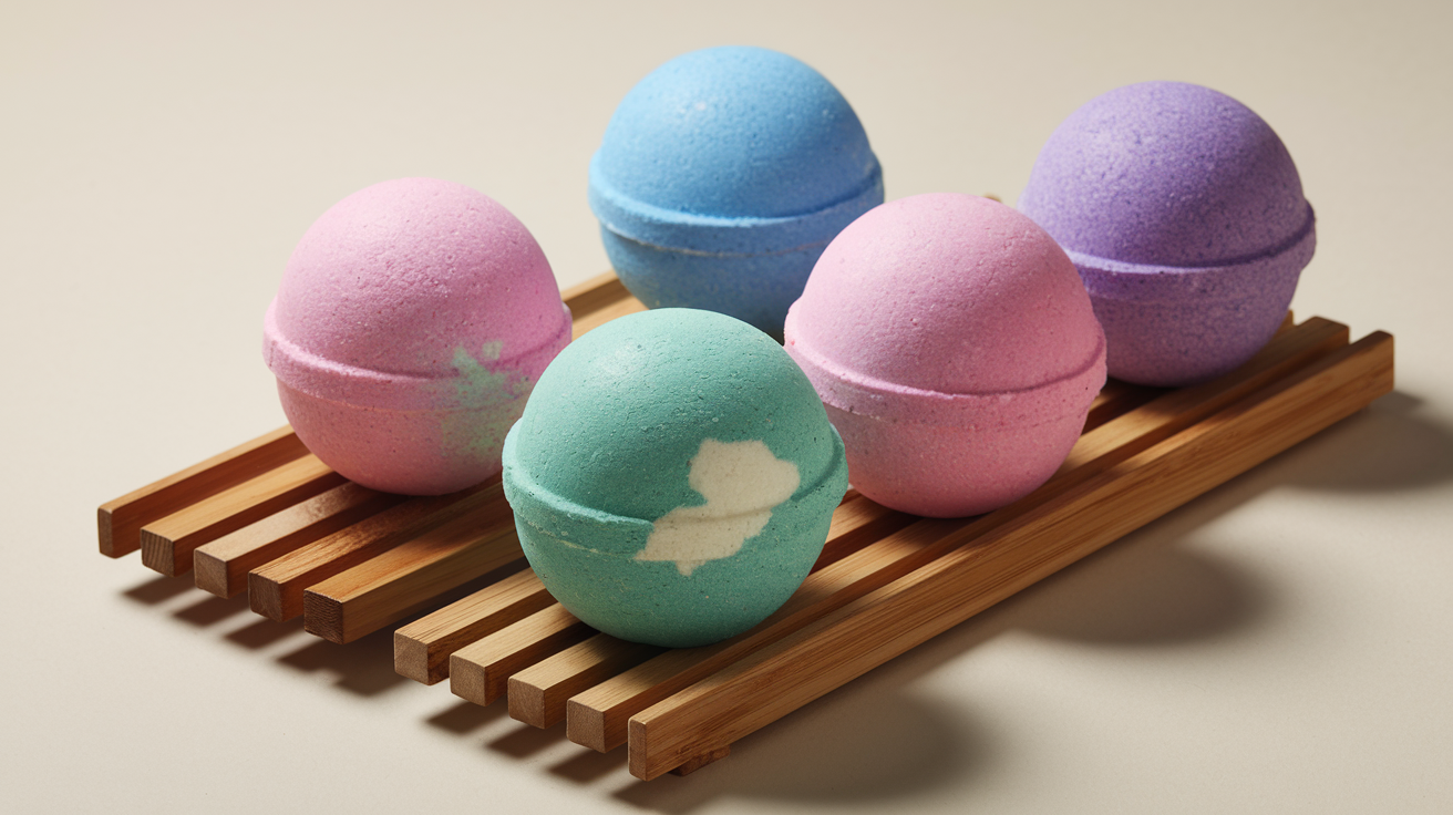Kenny Max organic bath bombs on a wooden rack